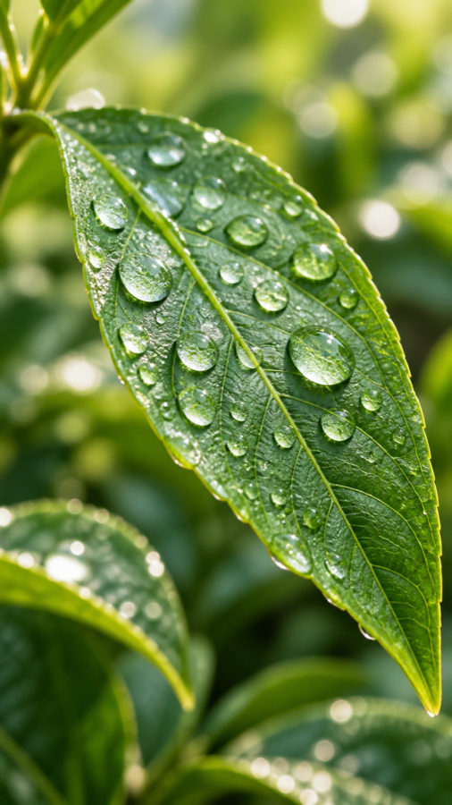 Feuille saine couverte de gouttes d’eau
